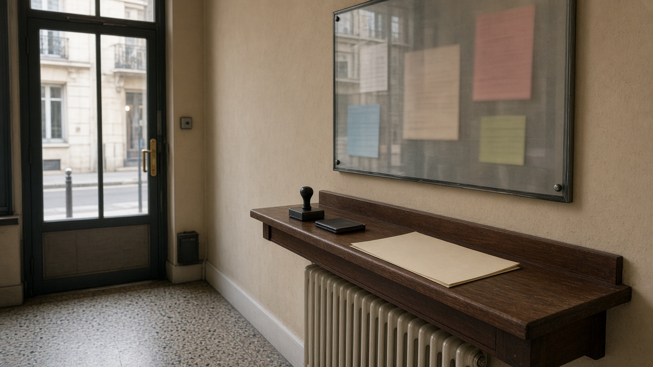 Hall d’immeuble, vitrine d’affichage, tampon sur un rebord, feuille pliée, sol en terrazzo.