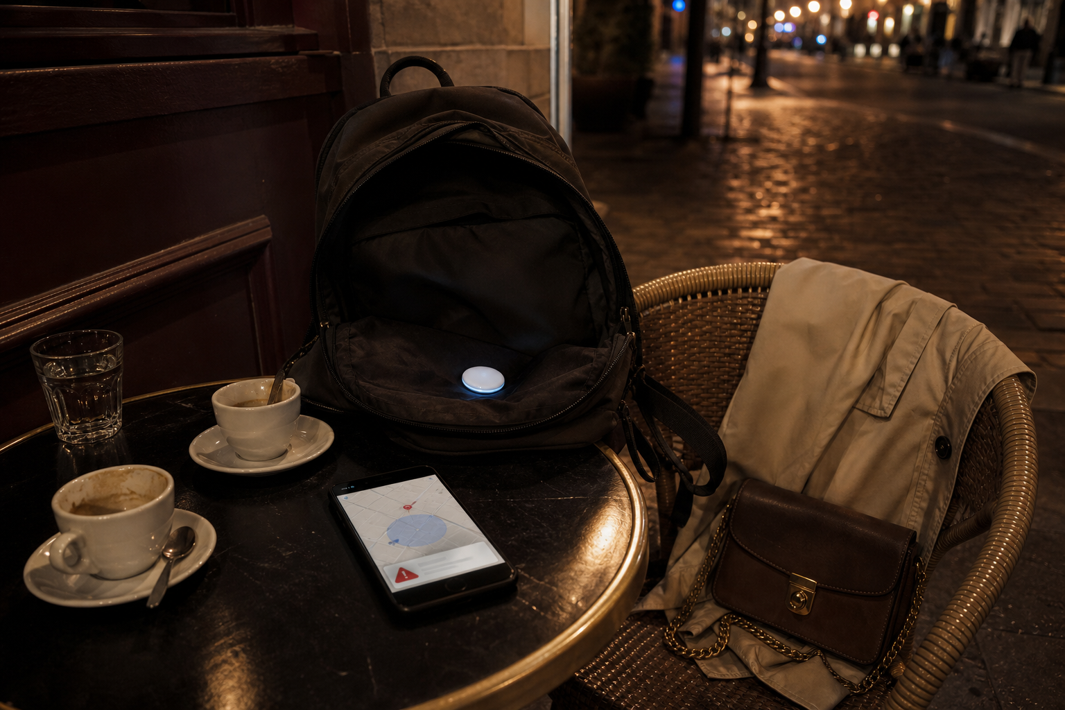 Terrasse de café la nuit, iPhone en alerte et AirTag lumineux dans un sac à dos.