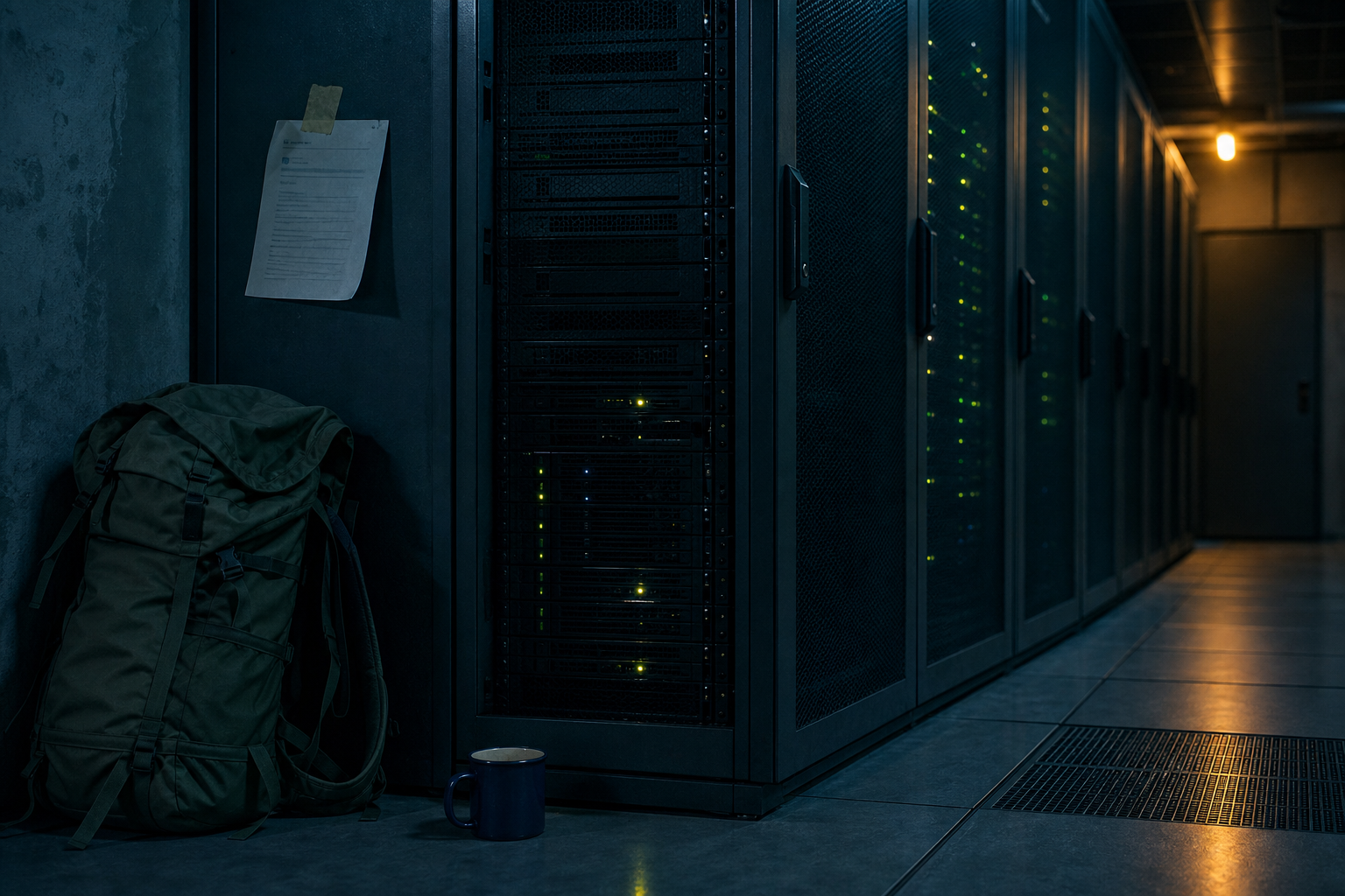 Couloir de data center la nuit, rack éteint, mail imprimé, sac de camping.