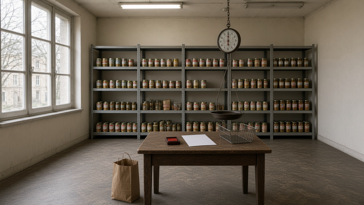 Comptoir d’épicerie solidaire, casiers, bon de retrait, tampon, étagère de boîtes.