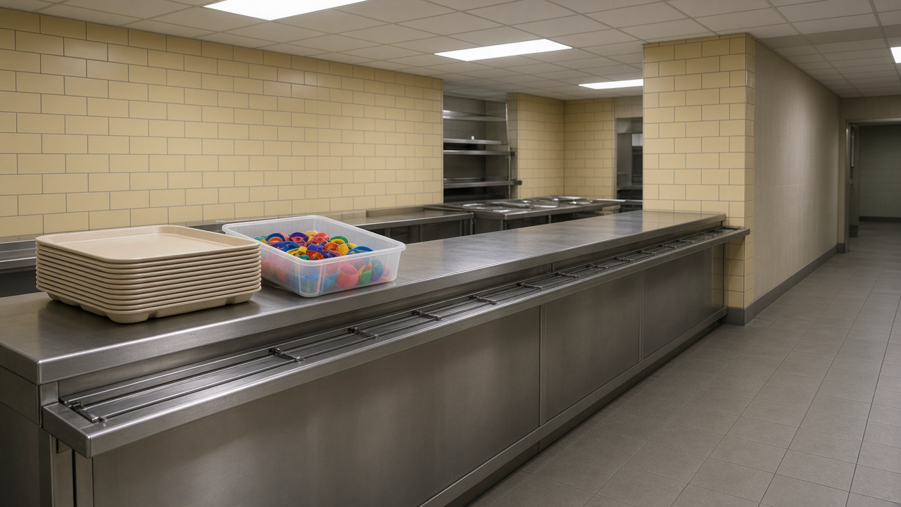 Cantine scolaire vide, tapis roulant, boîte de bracelets de couleur, plateaux empilés.