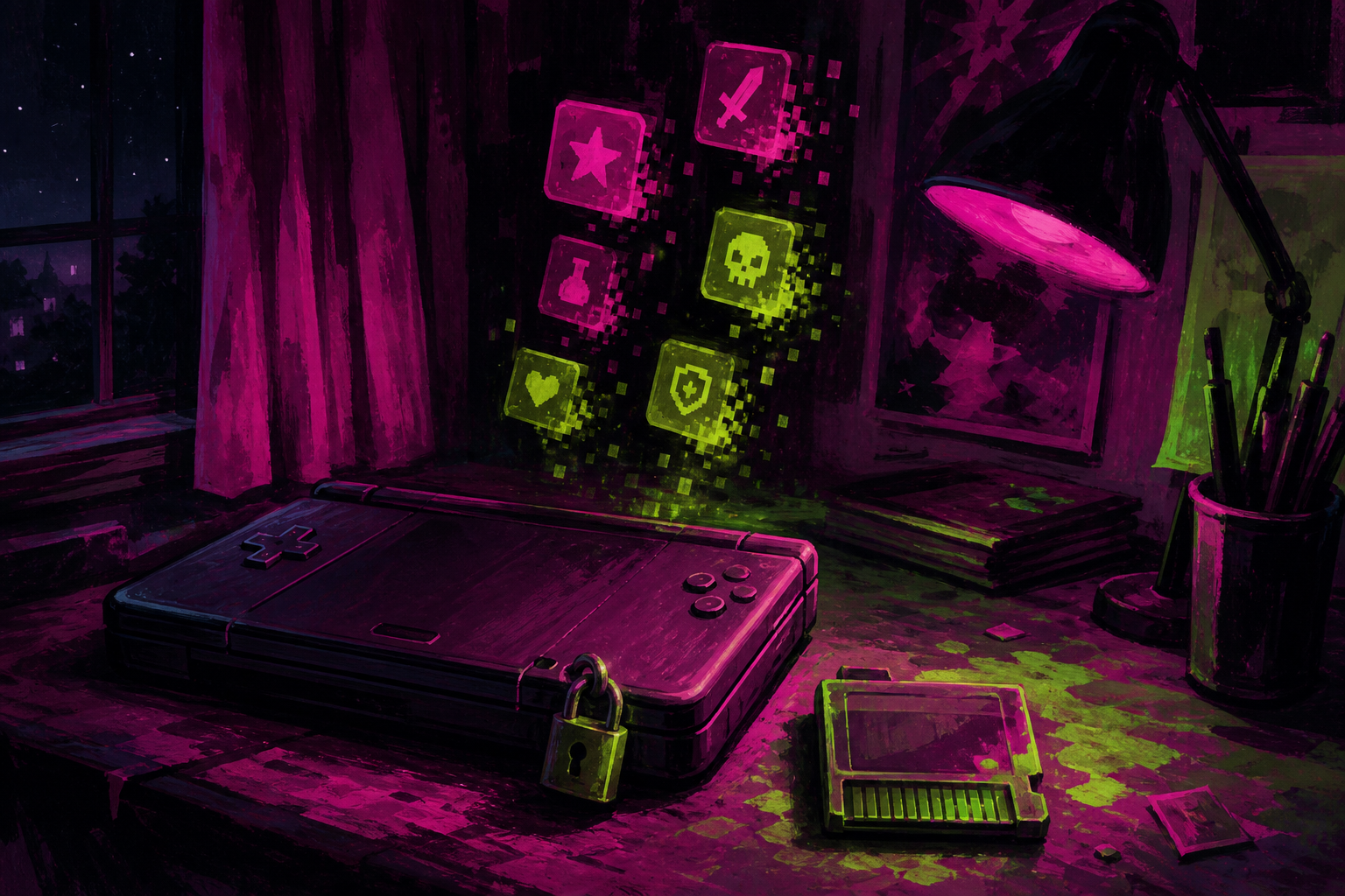 Bureau d’ado, console cadenassée, cartouche flash, icônes de jeux qui s’effacent.