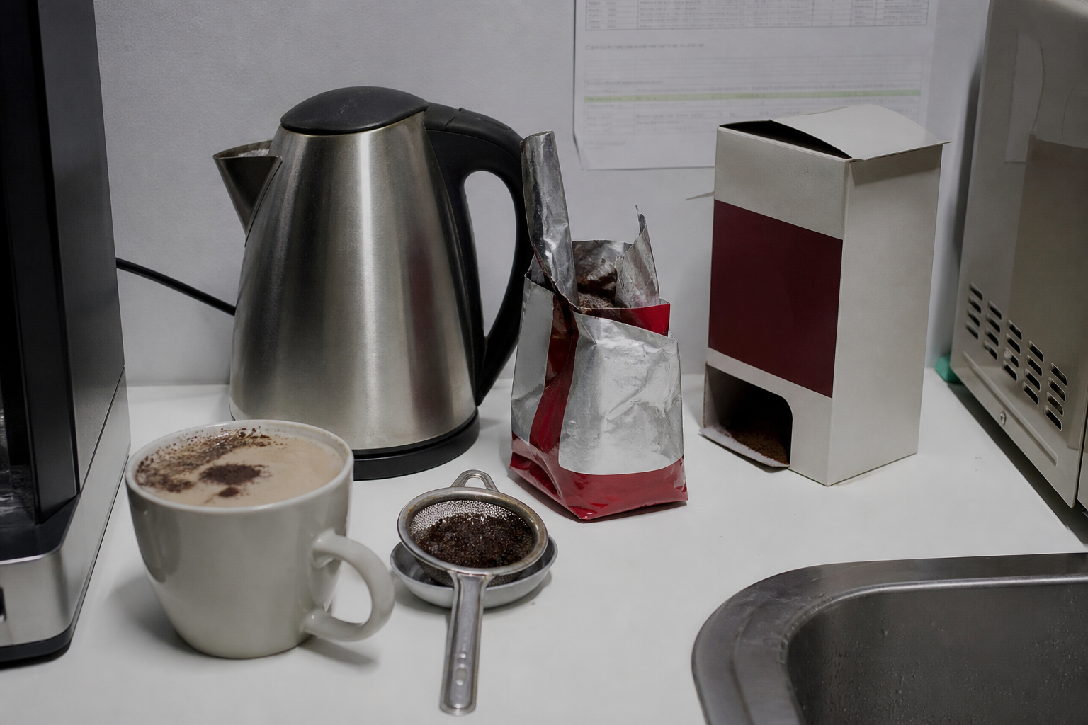 Tasse de lait pâle avec du café moulu non dissous, passoire à thé, bouilloire.
