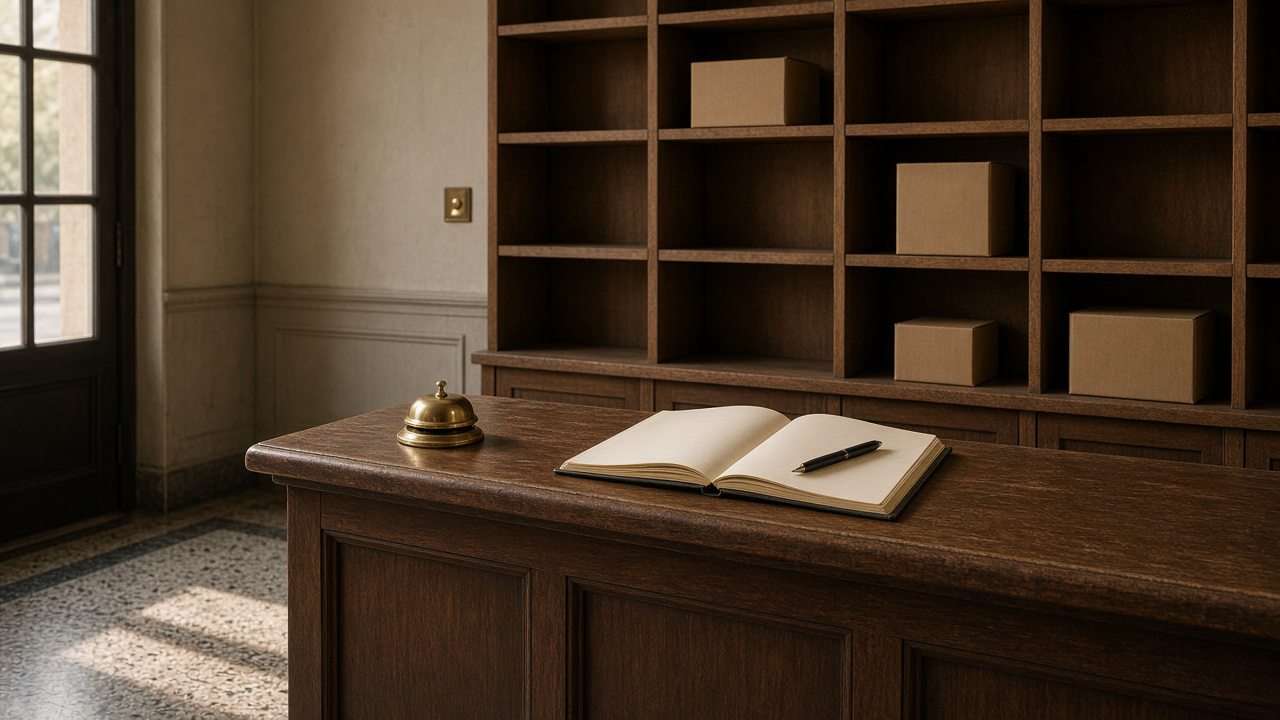 Loge de concierge, casiers de colis, carnet ouvert, stylo, sonnette en laiton.