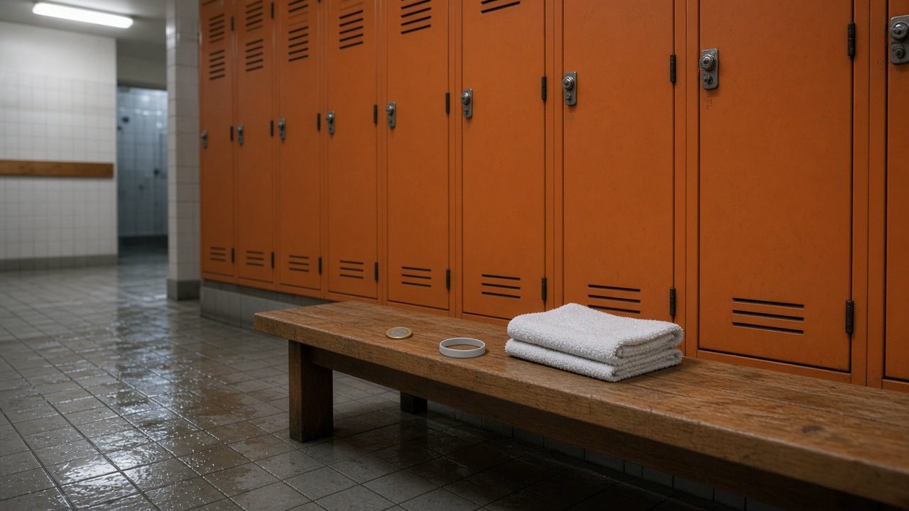 Vestiaire de piscine, casiers orange, pièce sur le banc, bracelet, carrelage humide.