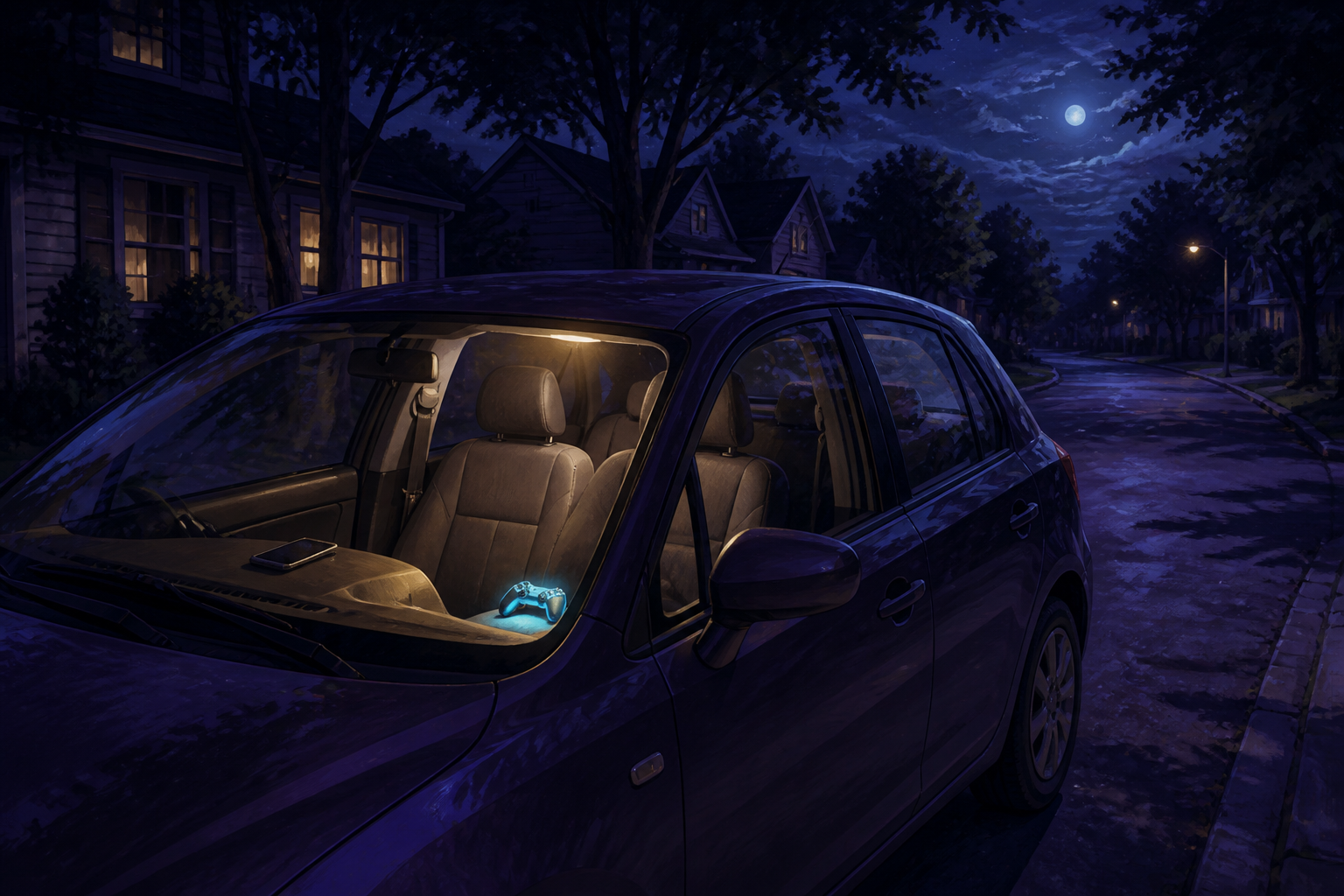 Voiture de nuit, manette allumée, téléphone face contre le tableau de bord.