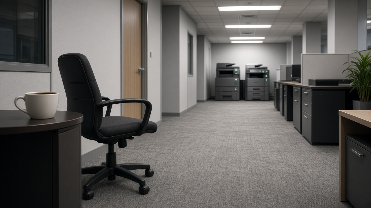 Allée de bureau, tasse pleine, chaise en travers, imprimantes au fond.