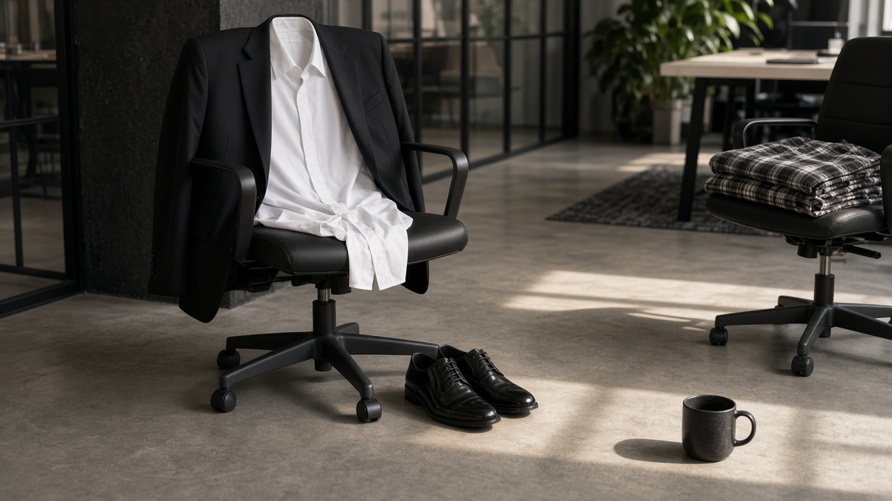 Chaise de bureau, veston de mariage, chaussures vernies, chemise en flanelle.