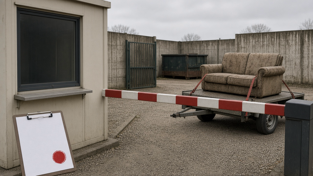 Barrière de déchetterie, bungalow beige, coupon tamponné, canapé sur une remorque vide.