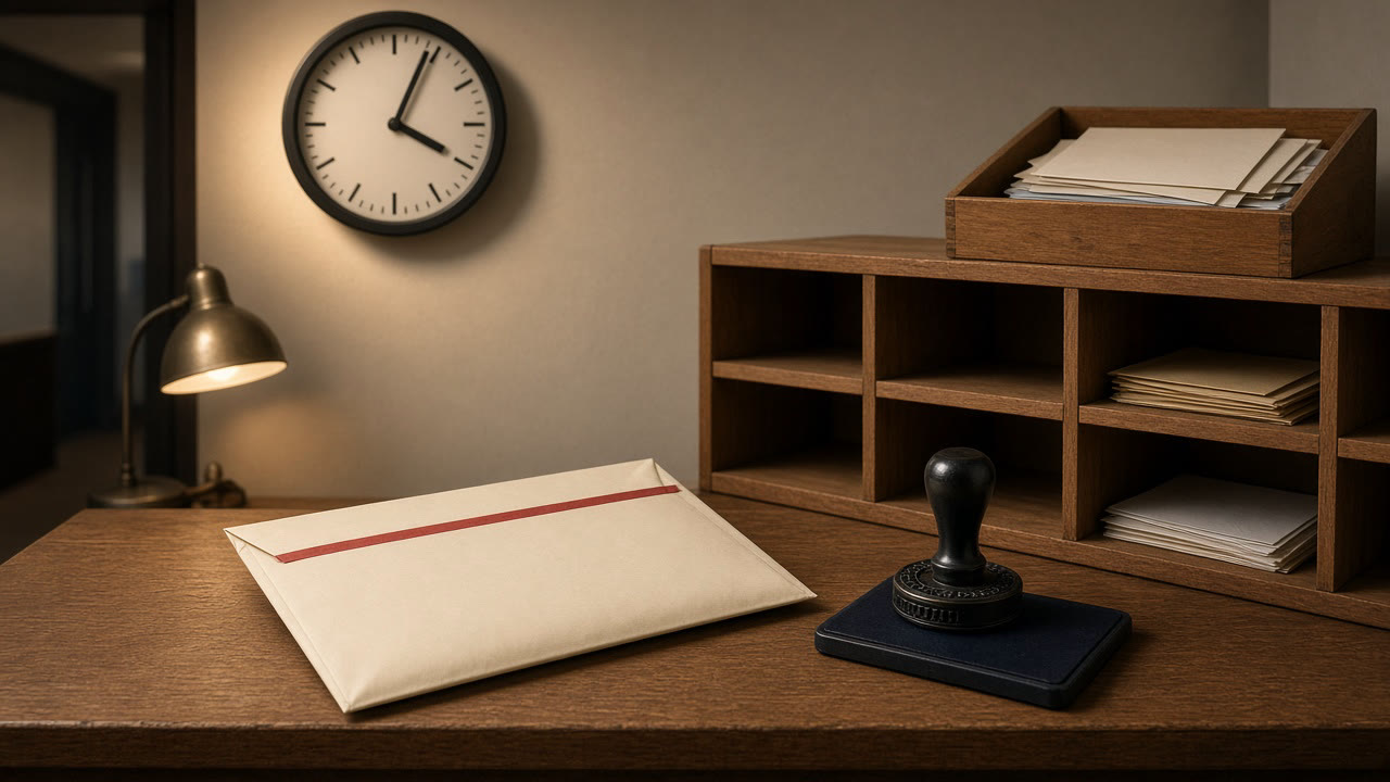 Salle courrier, horloge à seize heures une, enveloppe, tampon, casiers en bois.