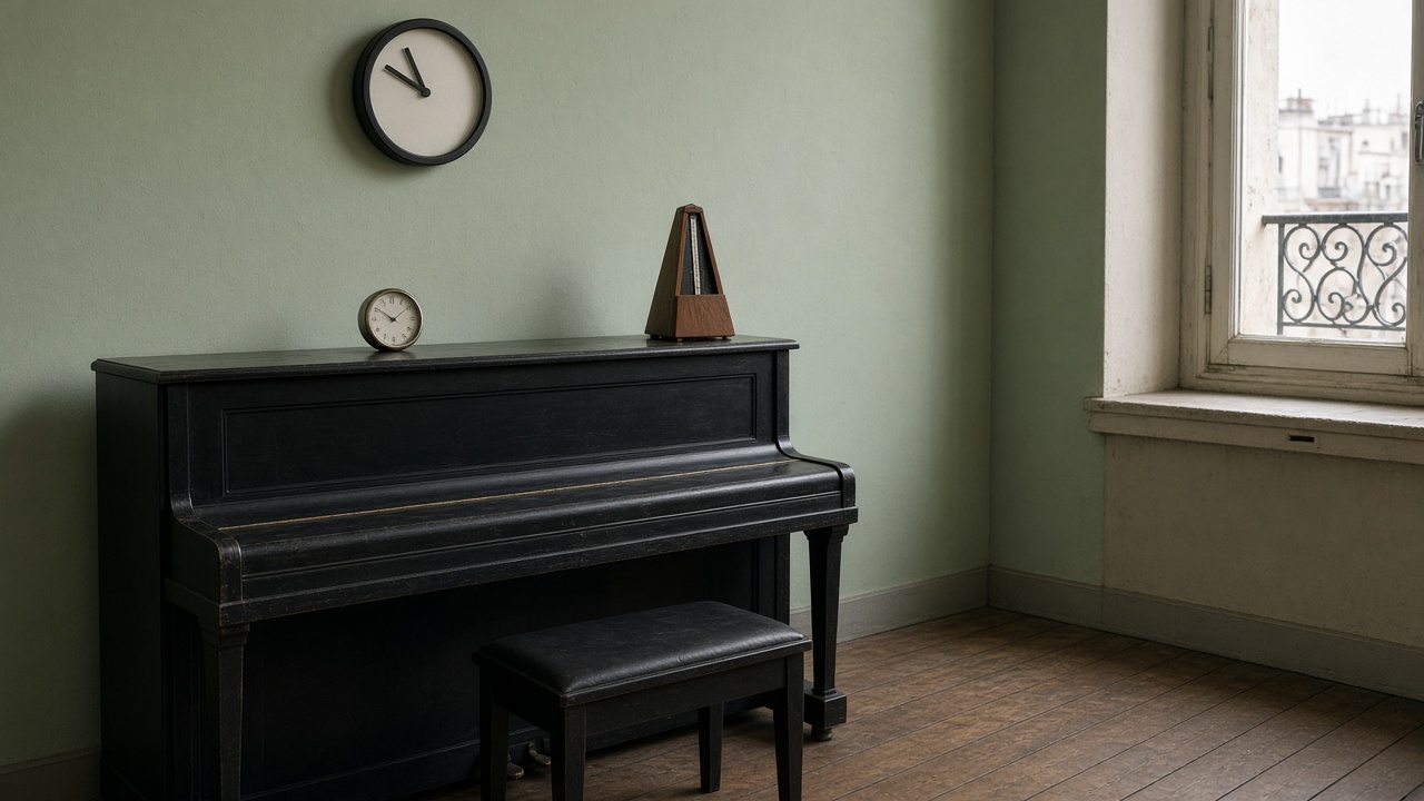 Salle de musique, piano droit, minuteur de cuisine, banc vide, lumière d’après-midi.