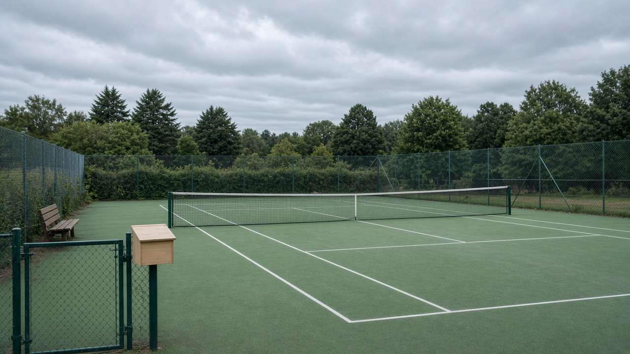 Court de tennis vide, filet, boîte de réservation, banc, grillage, ciel couvert.