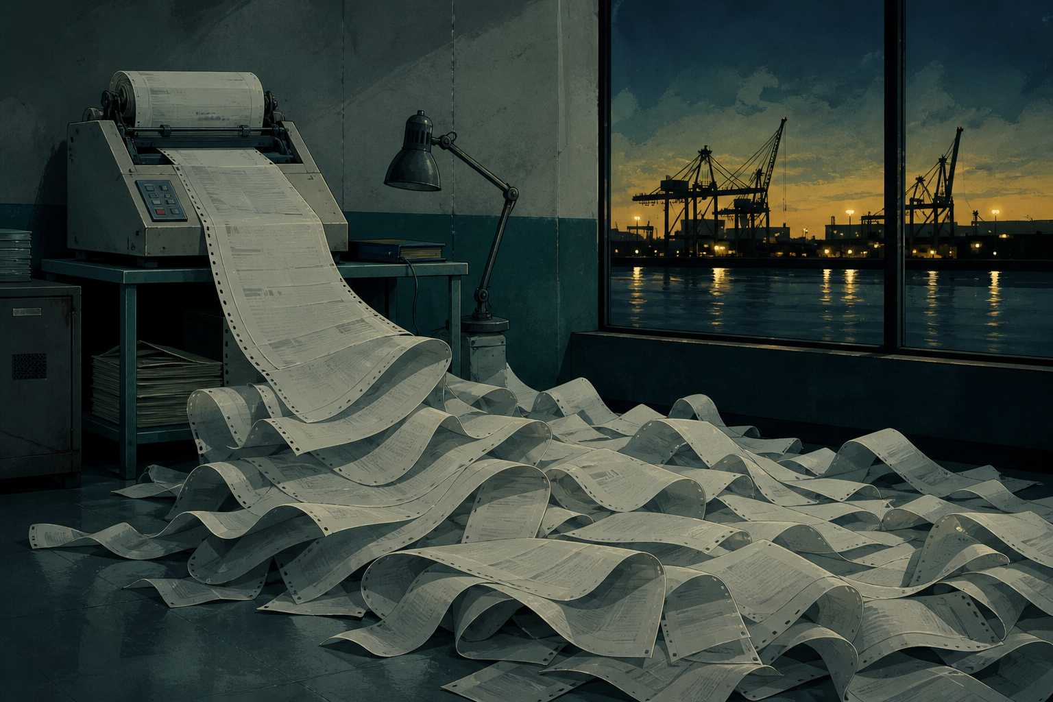 Vieux fax à bobine, papier thermique en cascade, port et grues au crépuscule.
