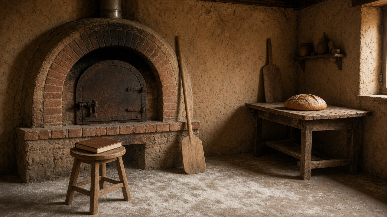 Four à pain de village, tabouret, cahier, pelle à pain, miche sur une table.