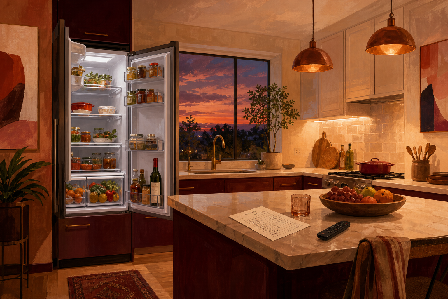 Cuisine vide, frigo ouvert, bouteille de vin, facture sur l’îlot.