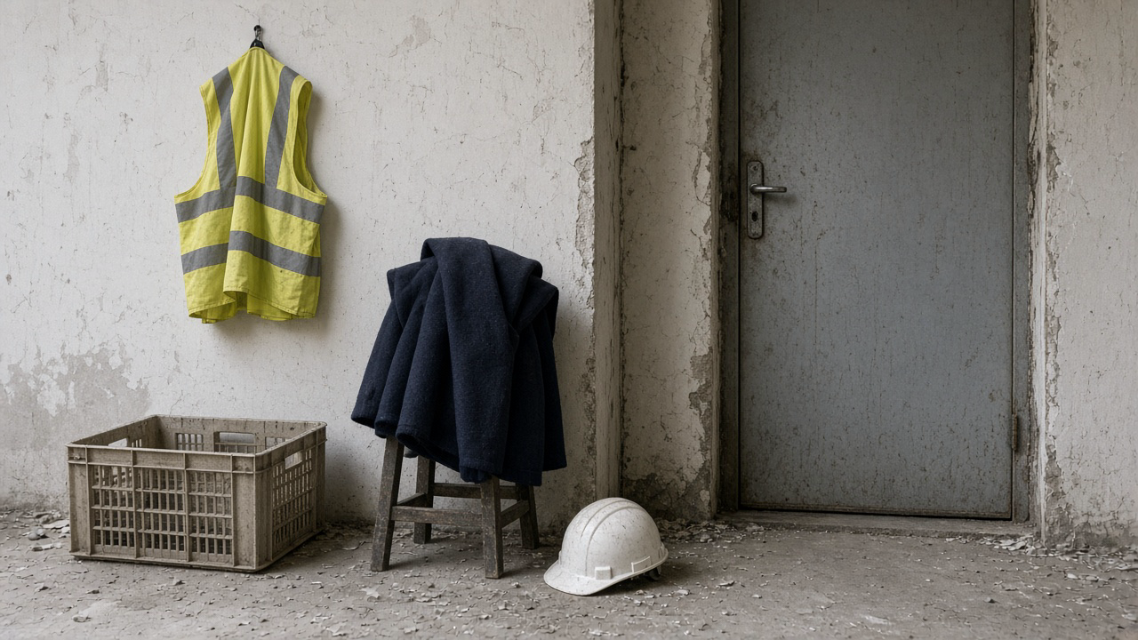 Seuil de chantier, gilet jaune au clou, manteau marine sur un tabouret, caisse vide, casque.