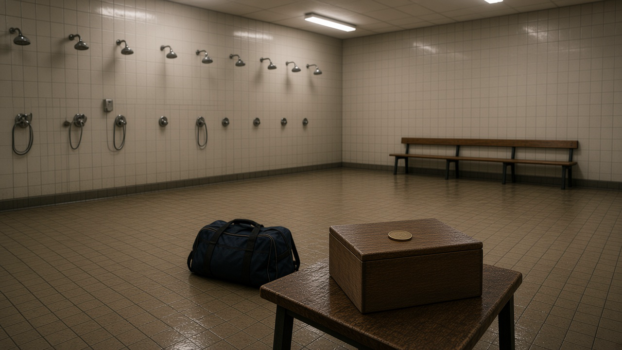 Douches de stade vides, boîte à jetons, jeton posé, sac de sport, banc.