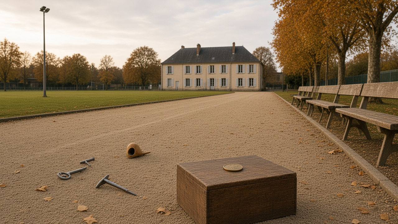 Boulodrome de gravier, boîte à jetons, boules, lampadaire éteint, club-house fermé.