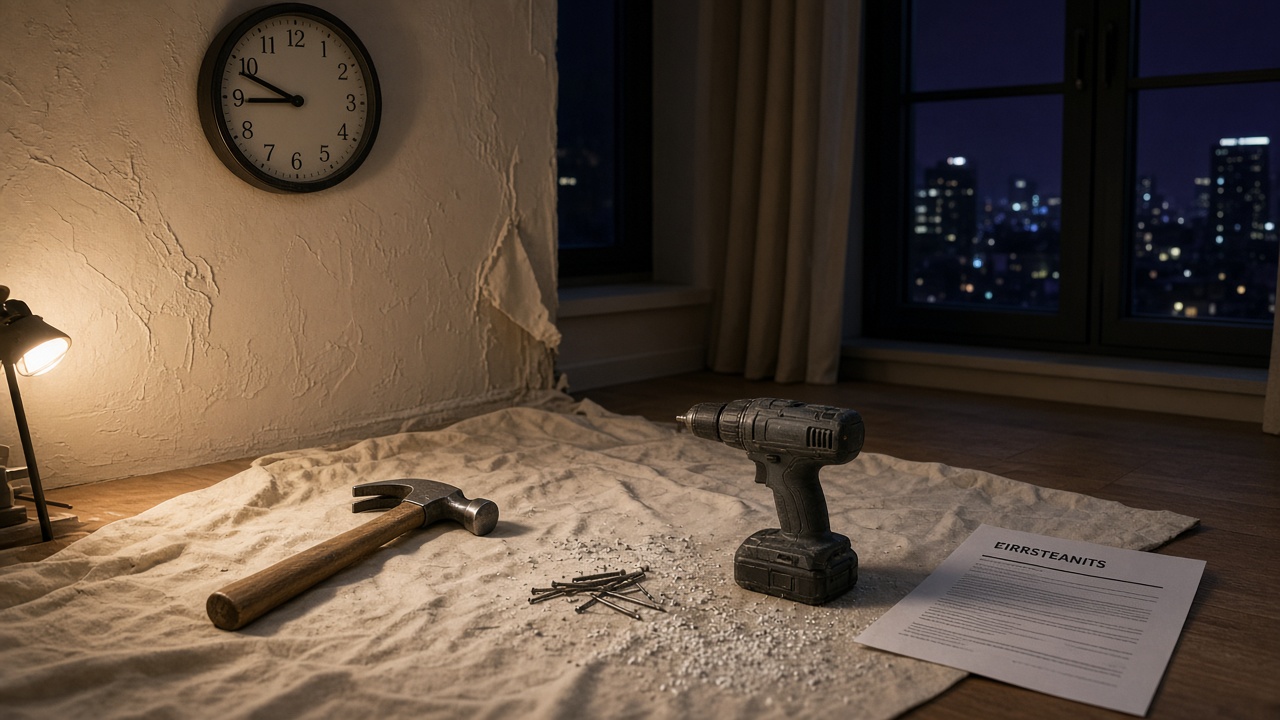 Appartement, marteau et perceuse, horloge à vingt-et-une cinquante.