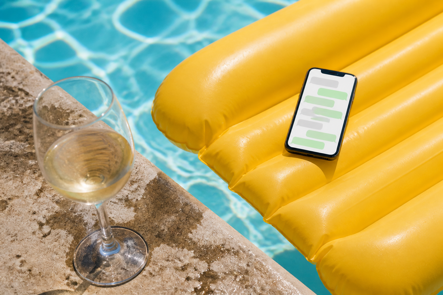 Téléphone sur un matelas de piscine, verre de vin au bord de l’eau.