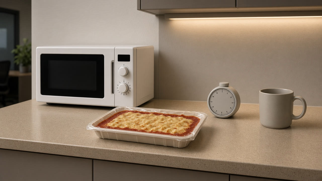 Cuisine de bureau, micro-ondes avec lecteur de badge, plat froid, minuteur, tasse.