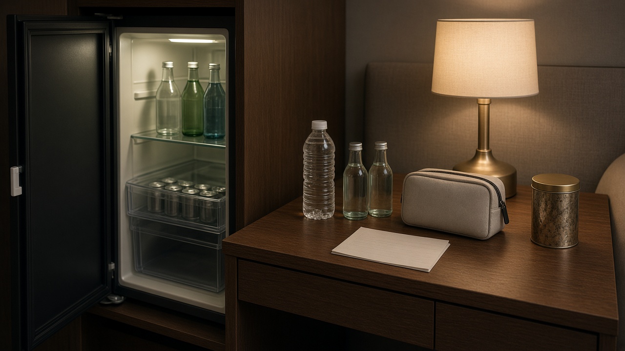 Minibar d’hôtel ouvert, bouteilles alignées sur le bureau, pochette médicale, note pliée.