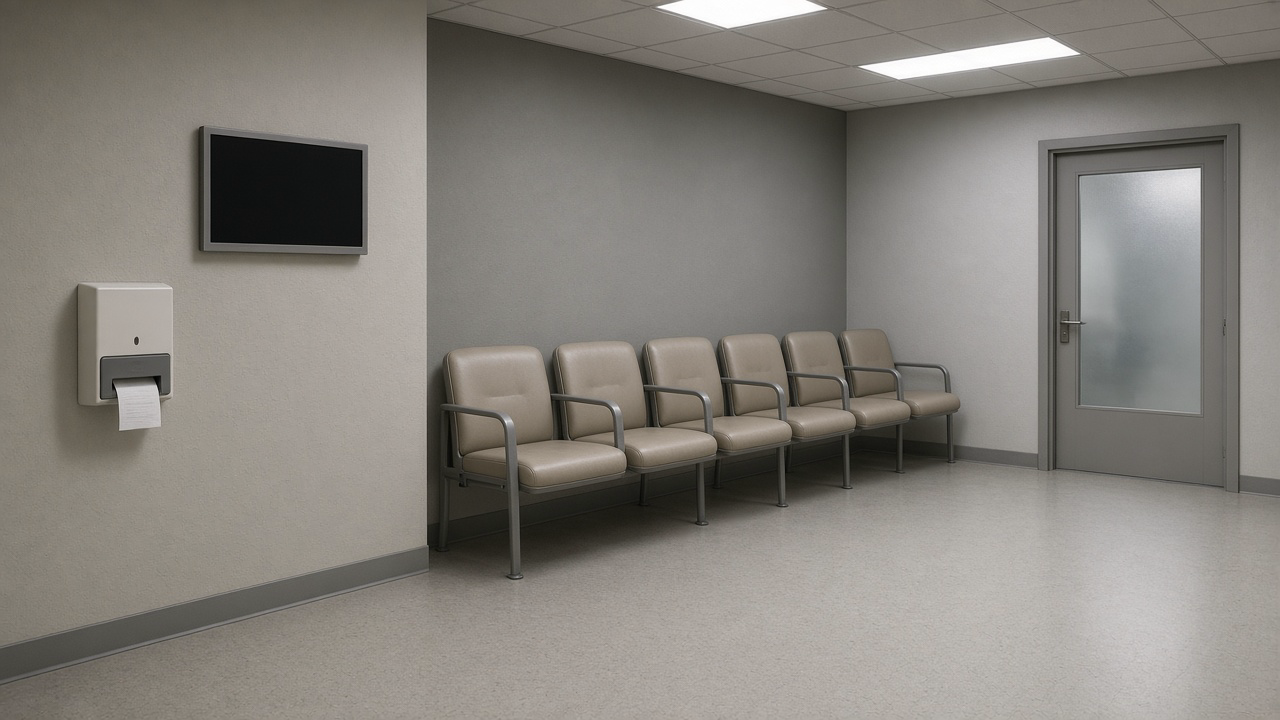 Salle d’attente de laboratoire, distributeur de tickets, écran éteint, rangée de chaises vides.