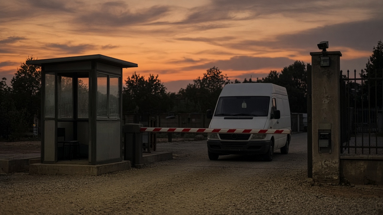 Barrière baissée, cabine vide, camionnette, macaron plastique au rétroviseur.