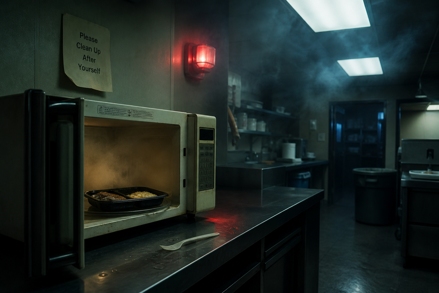 Cuisine d’hôtel la nuit, micro-ondes entrouvert, plat surgelé et fumée sous néons.