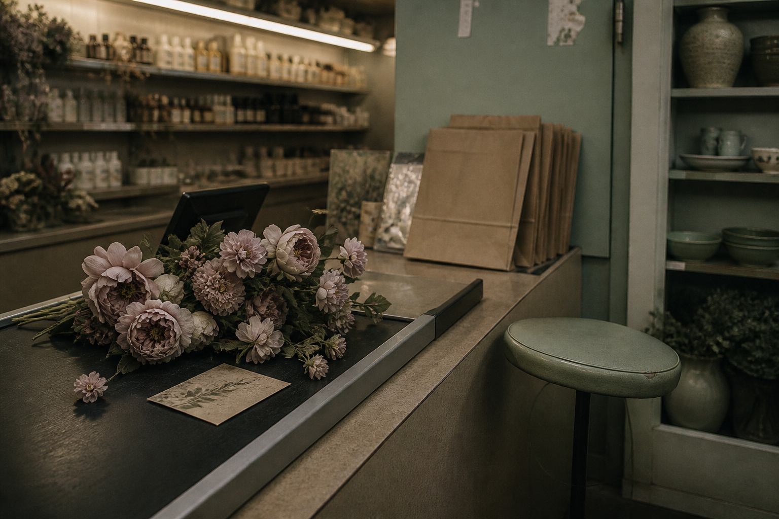 Caisse de boutique, fleurs artificielles posées, sacs en papier derrière le comptoir, tabouret vide.