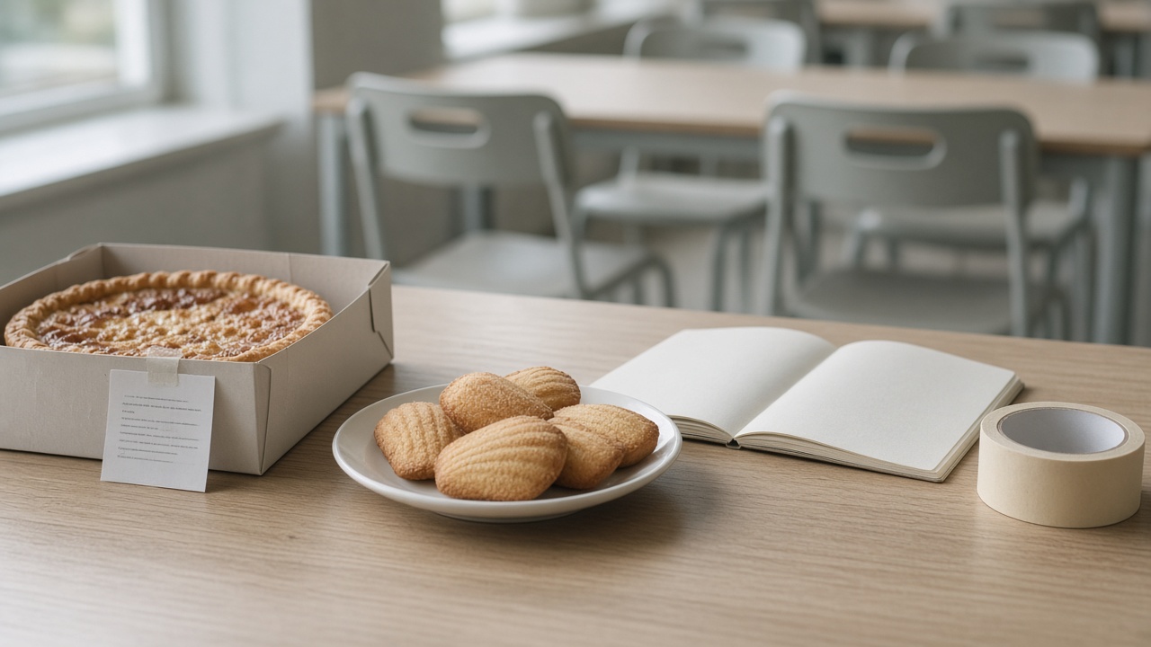 Table de cantine, boîte à tarte, ticket scotché sur le couvercle, madeleines, cahier.