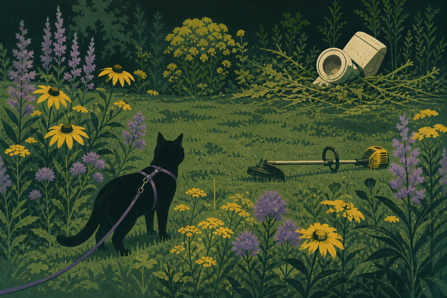 Petit chat noir en harnais dans un jardin de fleurs, débroussailleur posé, WC au loin.