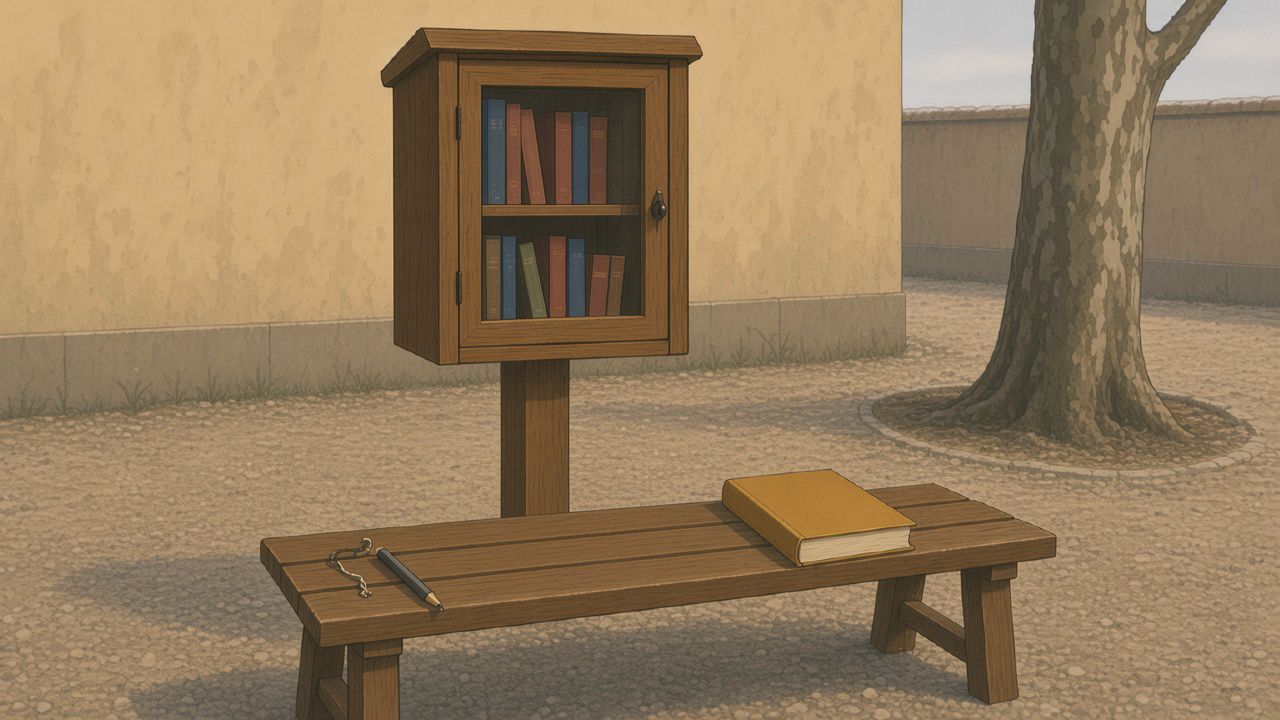 Square vide, boîte à livres en bois, porte vitrée fermée, registre ouvert sur un banc, crayon, livre fermé.