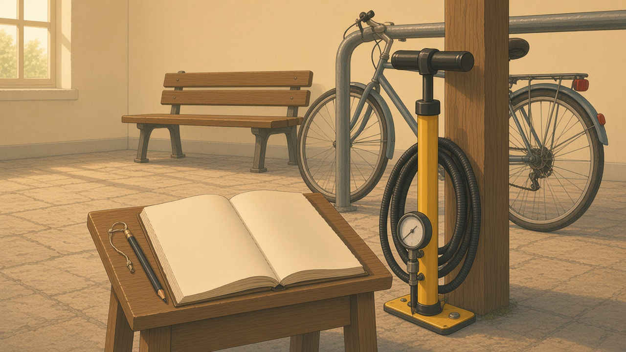 Place municipale vide, pompe à vélo jaune, tuyau enroulé, registre ouvert sur un pupitre, crayon, vélo sans cycliste contre une barre.