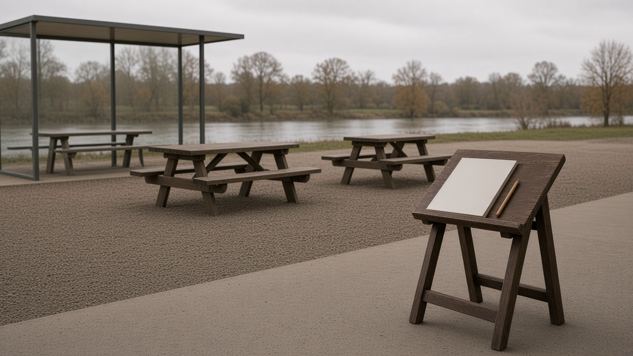 Aire de pique-nique municipale vide, tables, préau, registre sur un pupitre, rivière au loin.