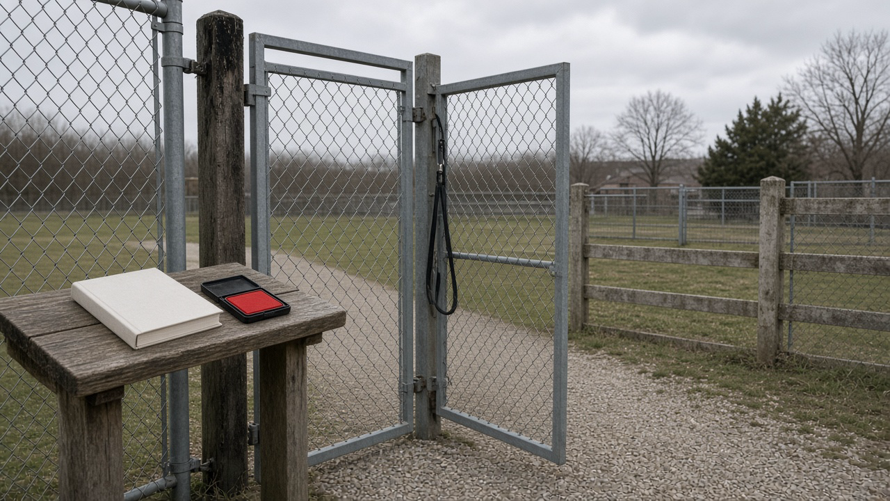 Grille de jardin canin, carnet, tampon encreur, laisse vide, gravier sous un ciel gris.