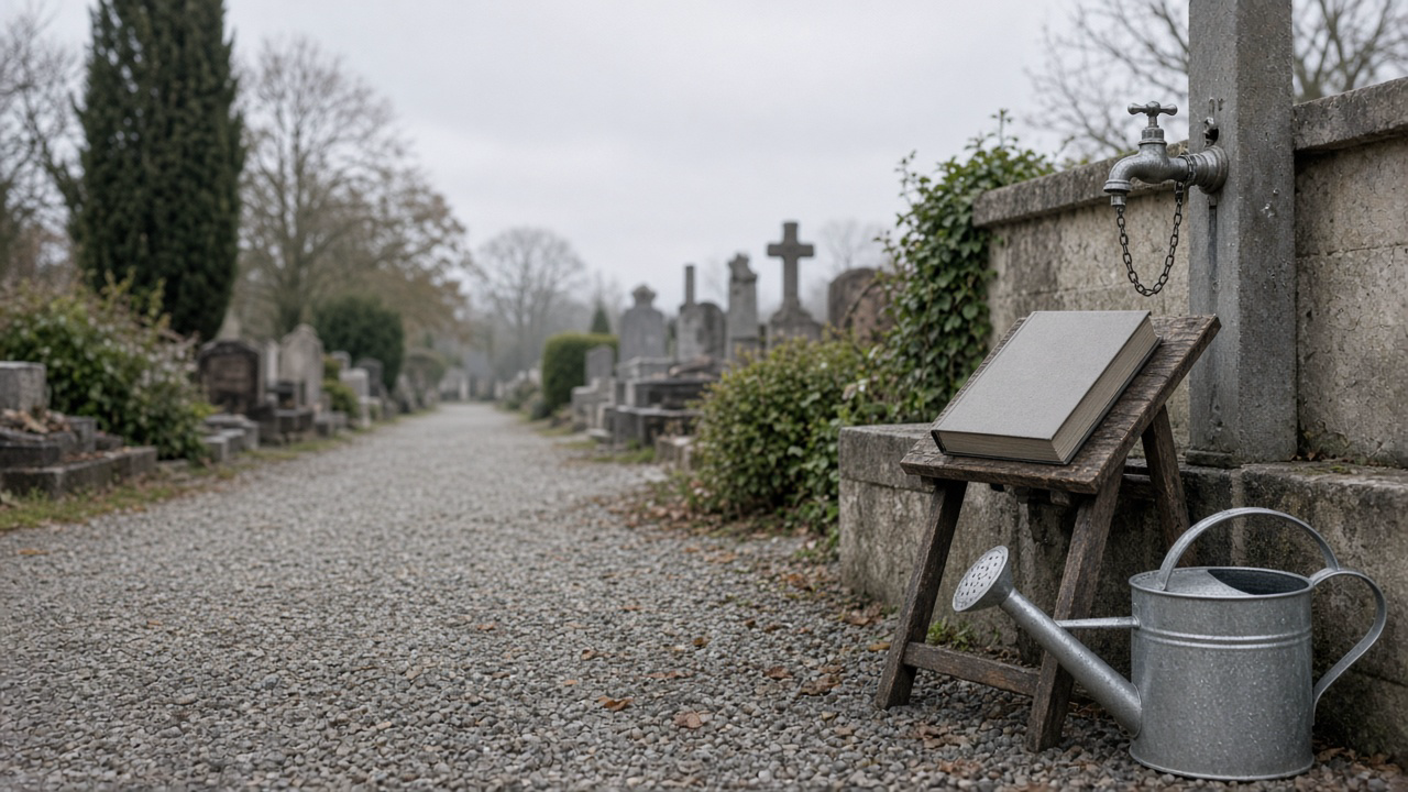 Allée de cimetière, robinet à chaîne, registre sur un pupitre, arrosoir, gravier.