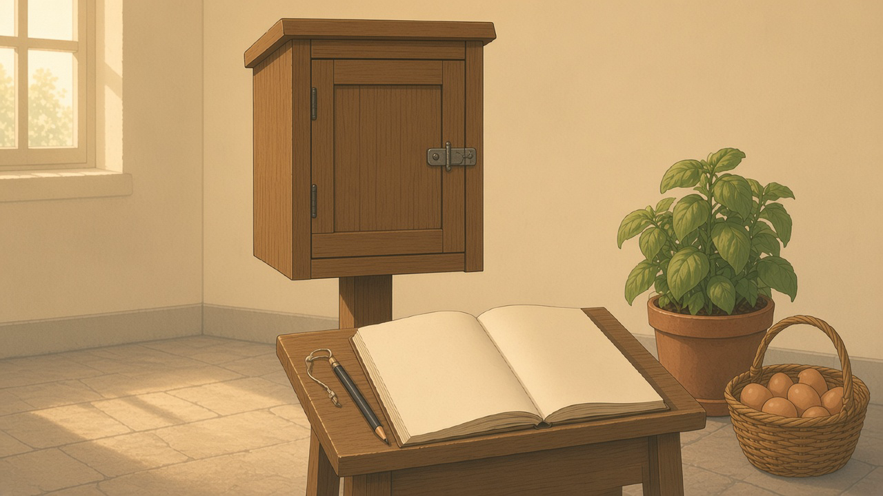 Cour municipale vide, poulailler en bois, pondoir fermé, registre ouvert sur un pupitre, crayon, panier d’œufs à l’écart.