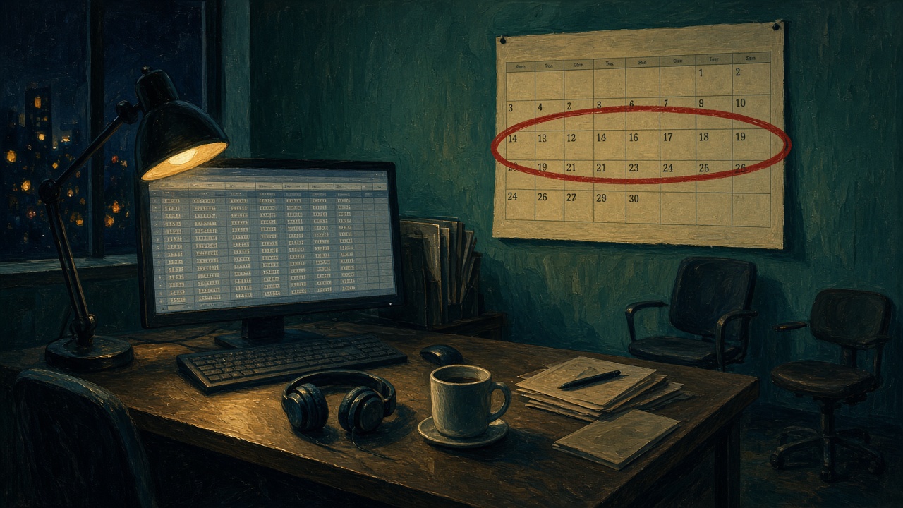 Bureau de nuit, tableur d’heures, casque, calendrier avec une semaine cerclée.