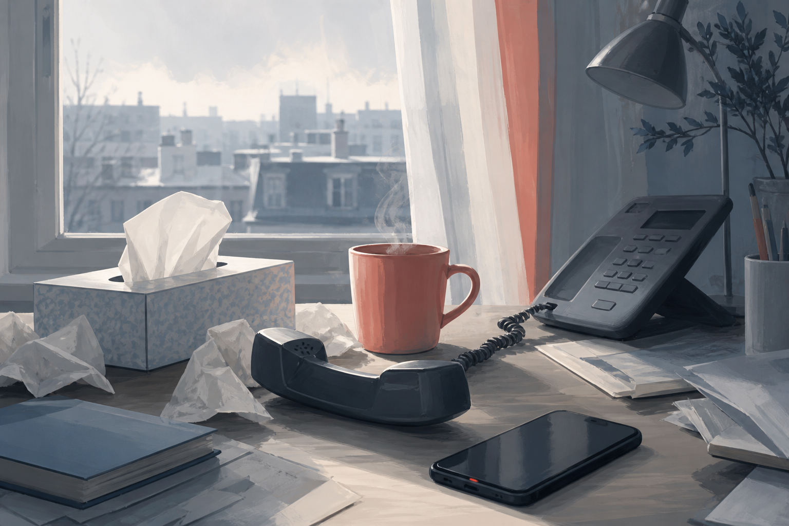 Bureau à la maison, mouchoirs, téléphone décroché, voyant rouge d’un portable.