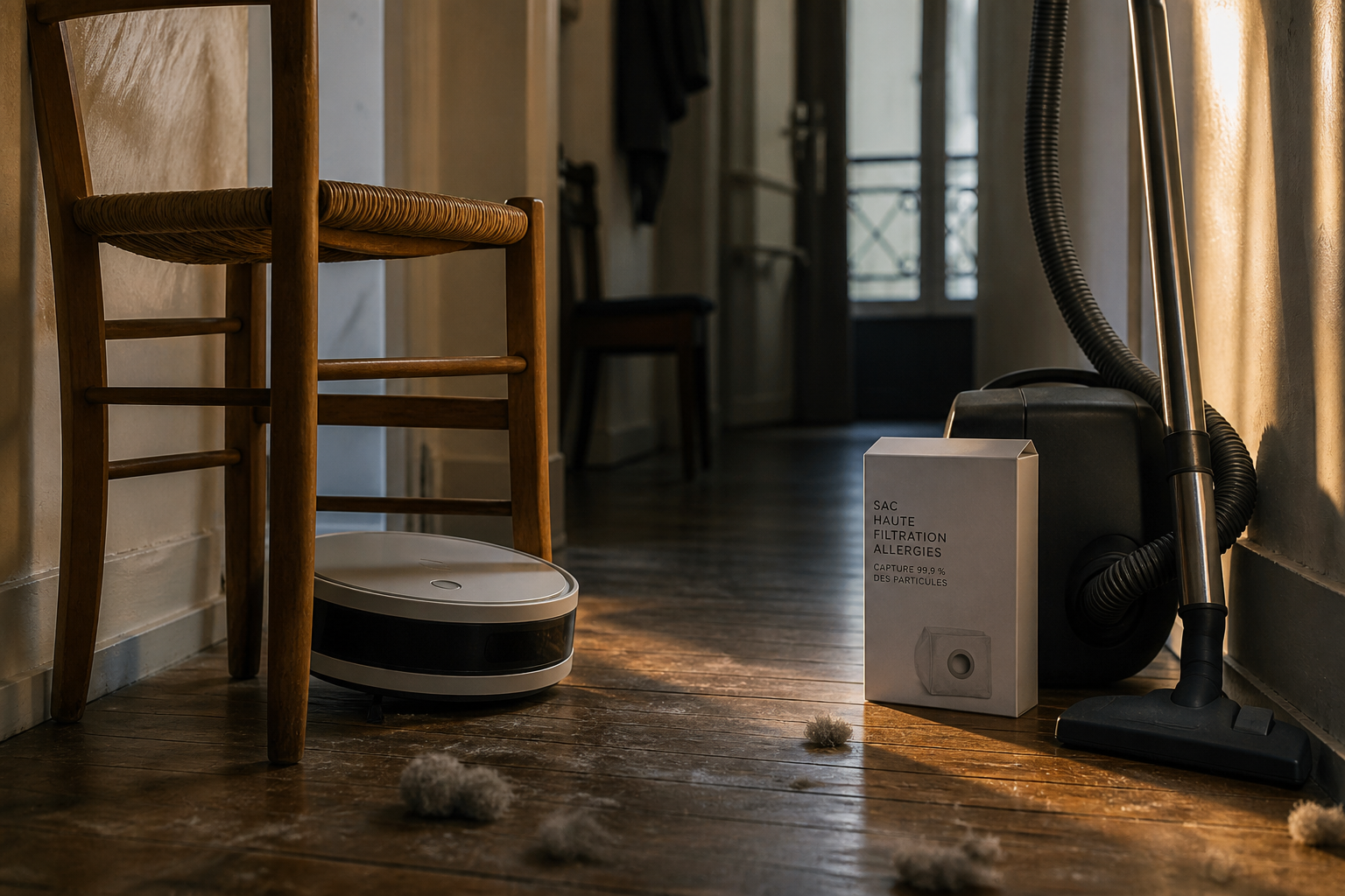 Couloir d’appart, robot coincé sous une chaise, aspirateur à sacs et boîte de filtres allergies.