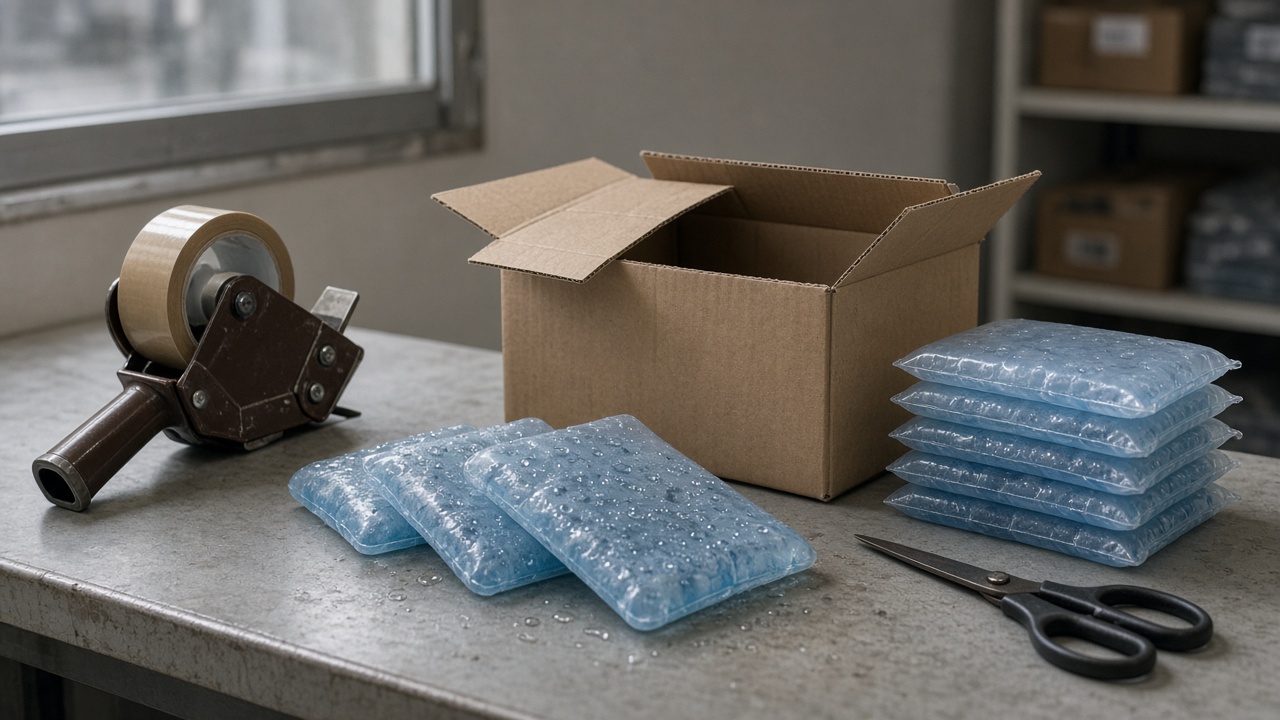 Comptoir colis, dévidoir de ruban, carton ouvert, sachets froids qui transpirent.