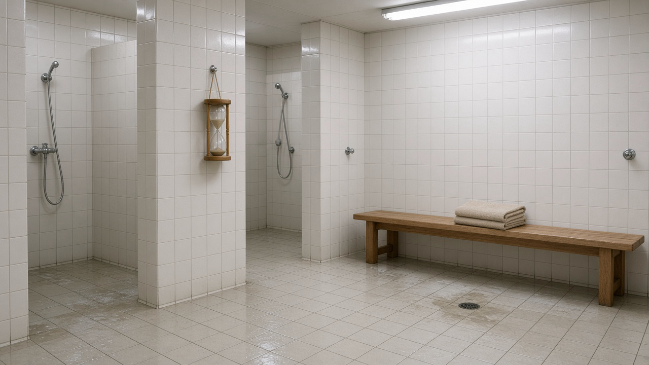 Douches municipales carrelées, sablier au mur, banc, serviette pliée, sol humide.