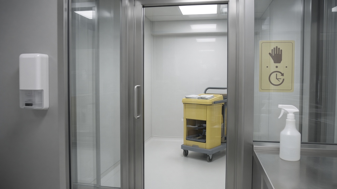 Sas pharmaceutique vitré, chariot jaune coincé, flacon de javel de l’autre côté.