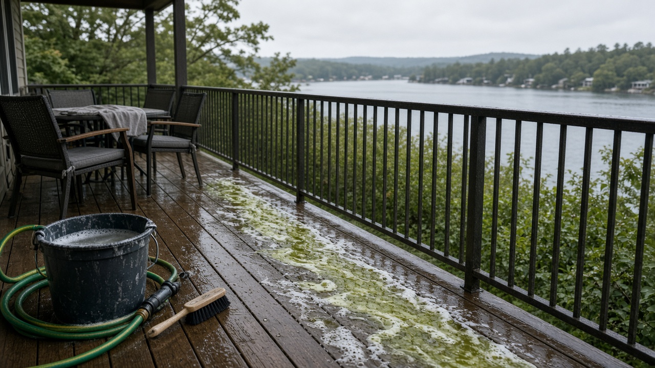Balcon en bois, brosse, seau de savon, mousse verte vers la rambarde.