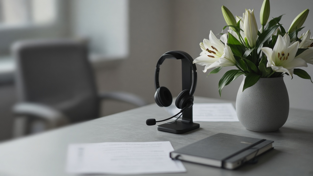 Casque de standard, feuille de script, bouquet de lys, carnet de scores sur le bureau.