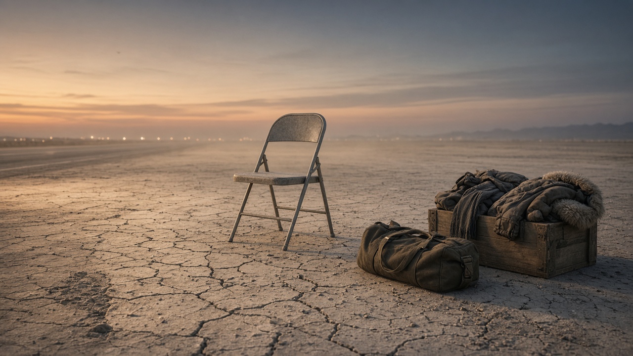 Chaise pliante vide dans le désert, sac et caisse près d’une piste.