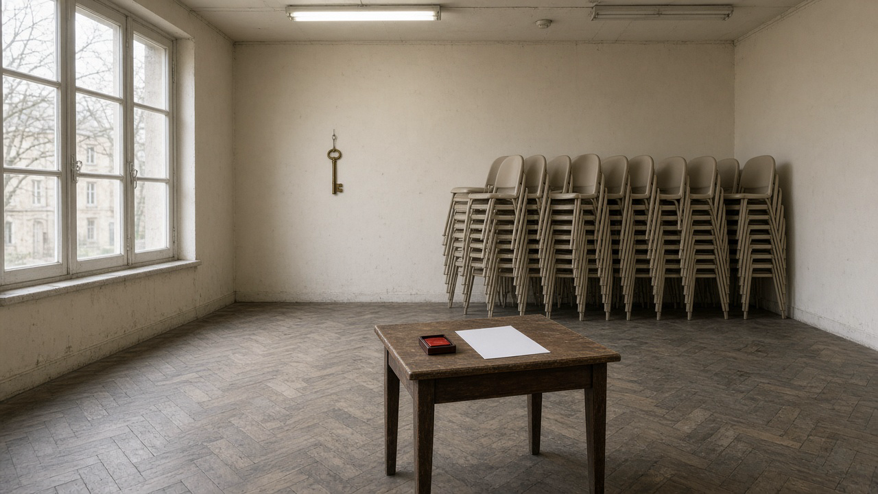 Salle des fêtes vide, chaises empilées, clés au crochet, tampon encreur sur une table.