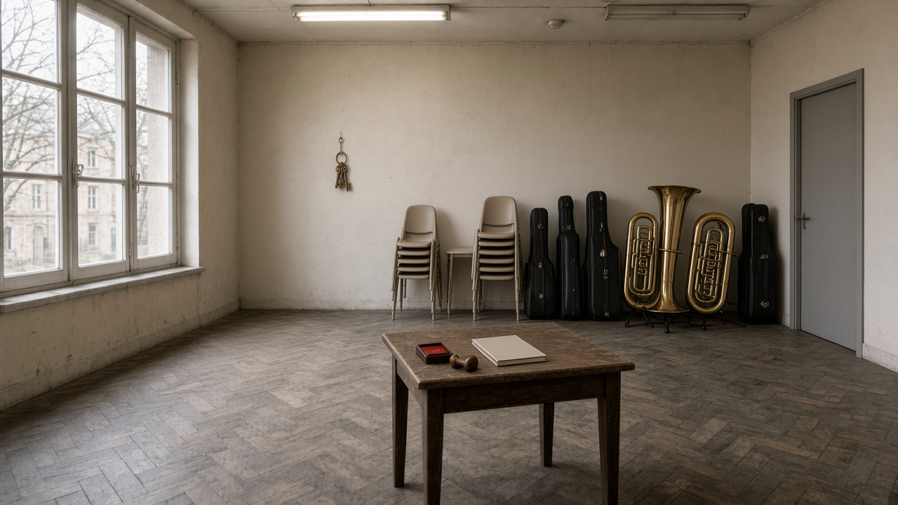 Local de fanfare vide, tubas, étuis, clés au crochet, tampon encreur sur une table.