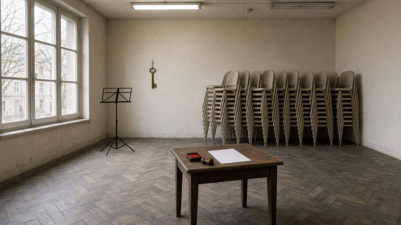 Local de répétition vide, chaises empilées, clés au crochet, tampon encreur sur une table.
